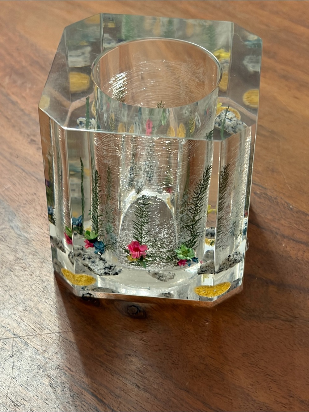 Source Unknown Clear Acrylic Floral Encased Candle Holder with Pink Flowers